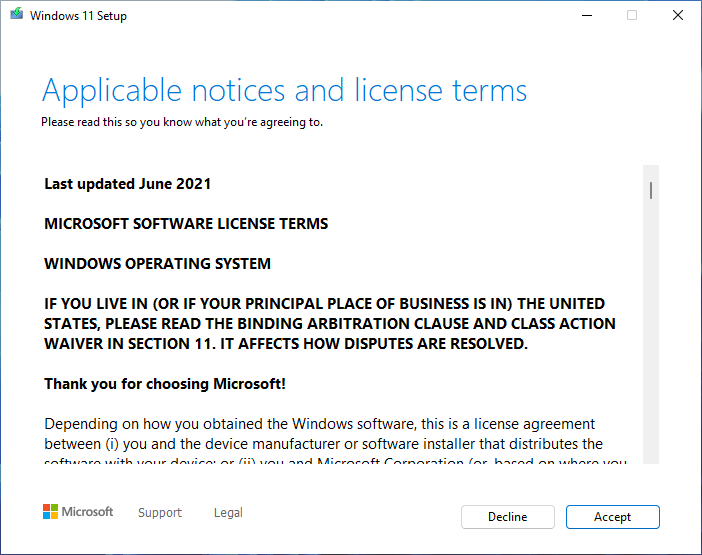 accept win 11 license