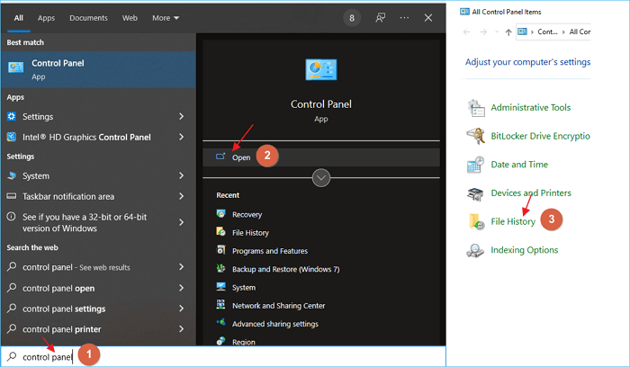 access file history in windows 10 via control panel