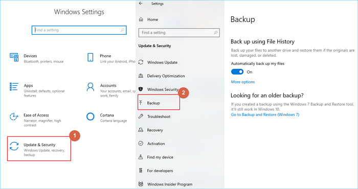 acess windows 10 file history via settings