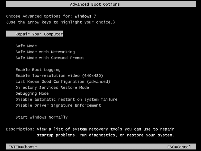 press F8 to get into Windows 7 repair options