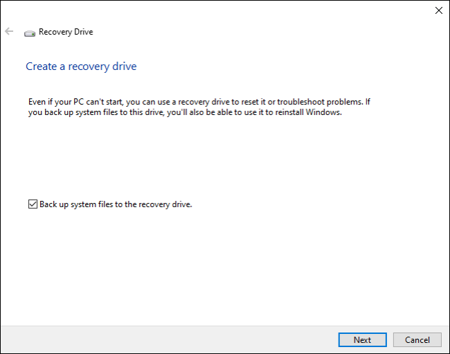 select back up system files to the recovery drive and click next