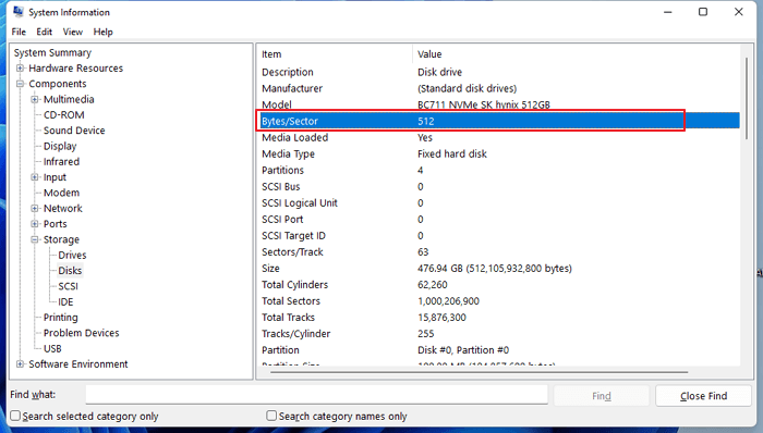 Check the logical sector size of your disk