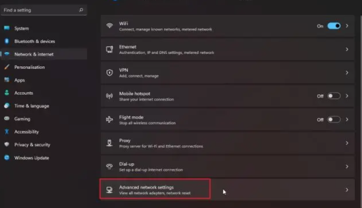 choose advanced network settings