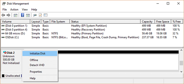 initialize hdd or ssd with disk management