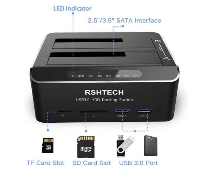 Insert and connect SSD and external hard drive to docking station