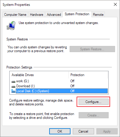 click configure to turn off the system protection