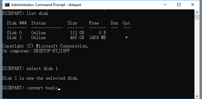 convert dynamic to basic using diskpart