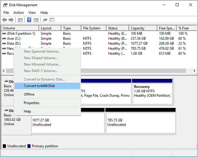 Convert GPT to MBR Using Disk Management