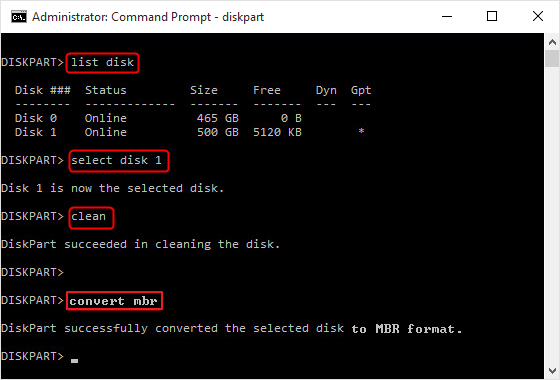 Convert GPT to MBR using CMD to remove GPT partition style