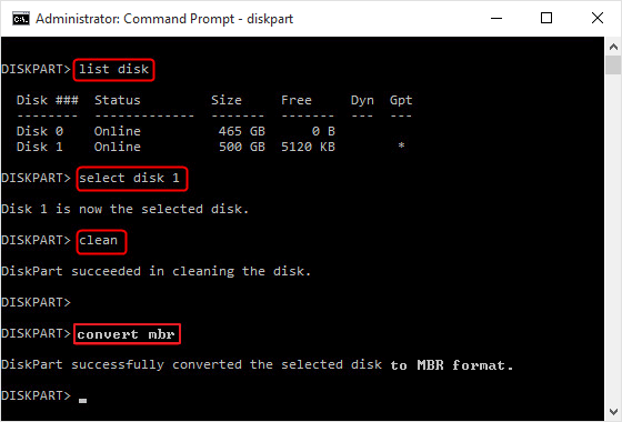 Convert GPT to MBR using CMD