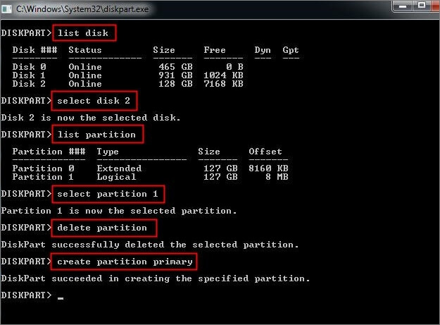 write command press enter to delete primary and logical partition in cmd