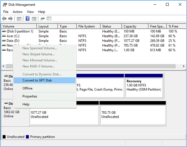 convert to gpt disk in disk management