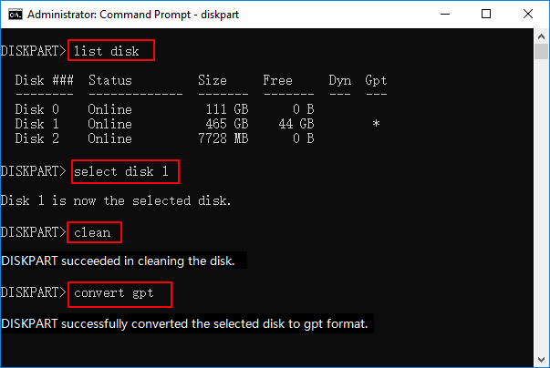 Converting MBR disk to GPT with Diskpart CMD.