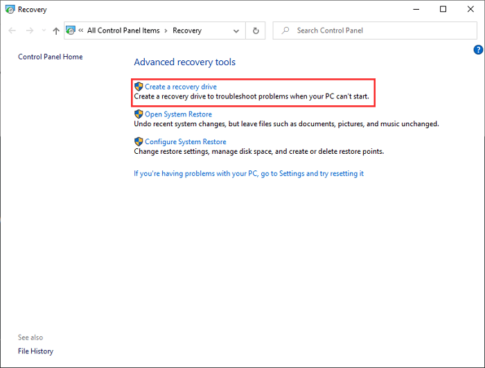 create a recovery drive in control panel