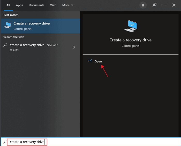 create a recovery drive by search in windows 10