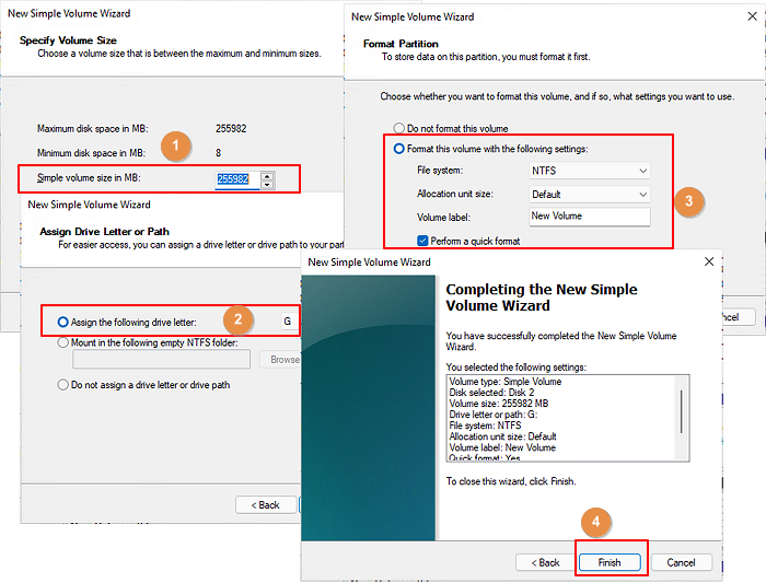 Create new simple volume with disk management