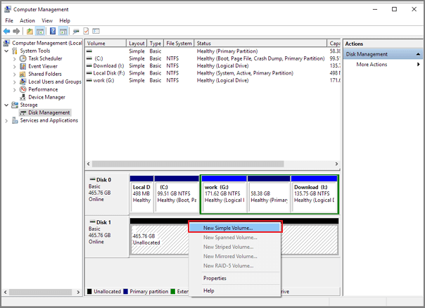 create a new simple volume to extend the partition of the new hard drive