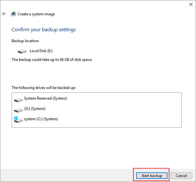 click start backup to ceate a system image