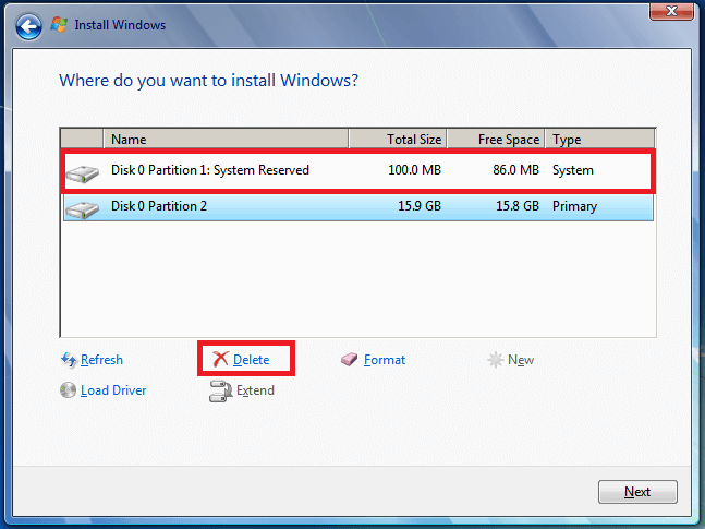 install windows delete disk partition