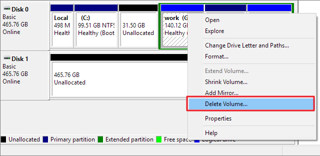 Delete Volume in Disk Management to ready the MBR disk for conversion.