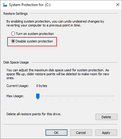 disable system restore if c drive is getting full automatically