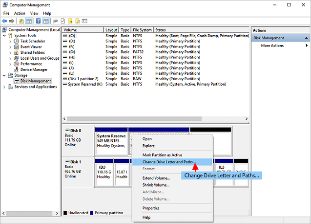 Select the Disk Management and choose Change Drive Letter and Paths Option