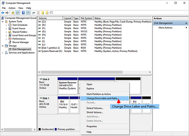 change drive letter using disk management