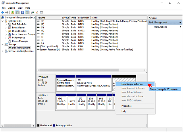 select a new simple volume in disk management