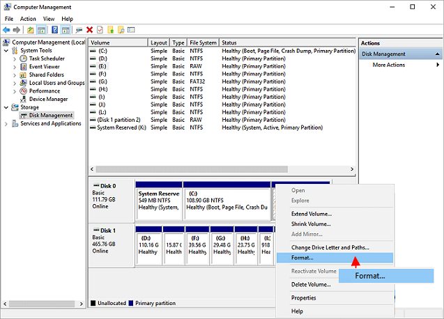 Format partition using disk management