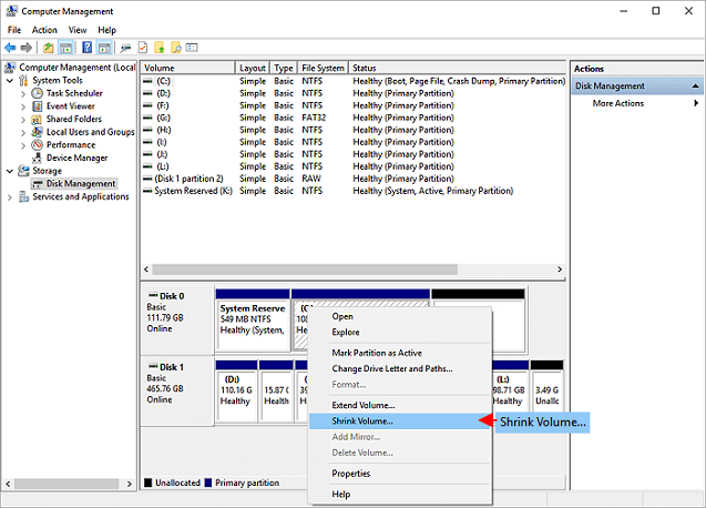 shrink partition with disk management