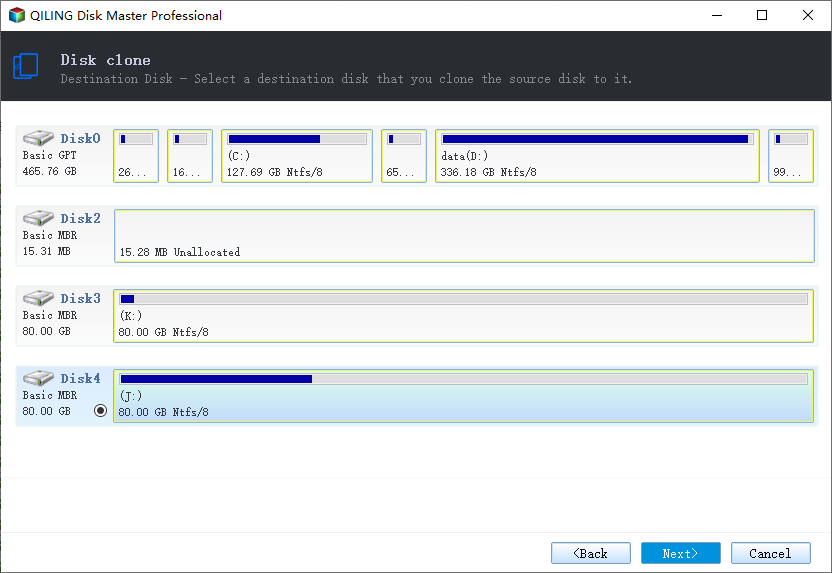 Select the destination disk - the new HDD/SSD to clone or copy disk