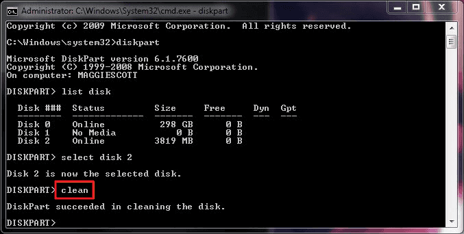 Clean target disk with cmd