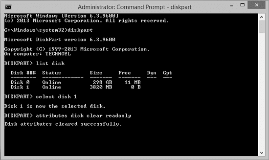 Run CMD command to remove USB write protection