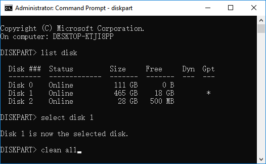 Clean up and erase ssd with diskpart cleam all command