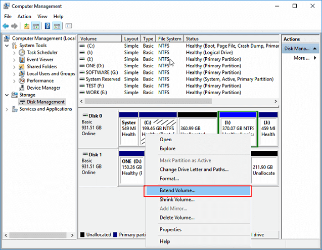 Extend C drive with unallocated space in Disk Manamgenent.