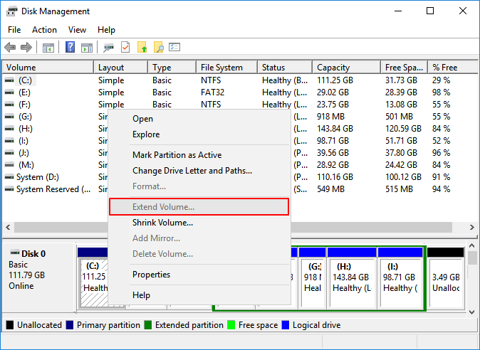 extend volume is greyed out