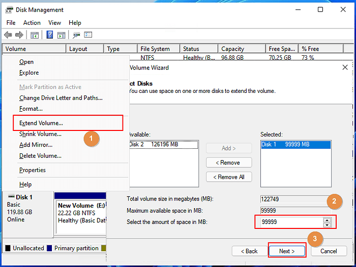 Extend volume in Windows 11 disk management