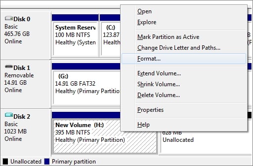 format sd card in Windows Disk Management