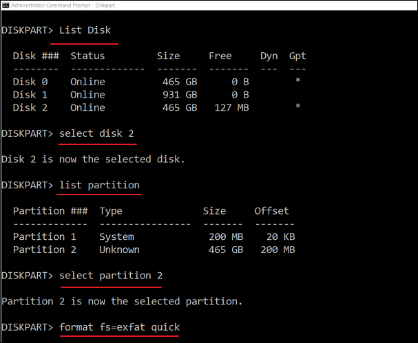 Format USB or external hard drive into exFAT via DiskPart