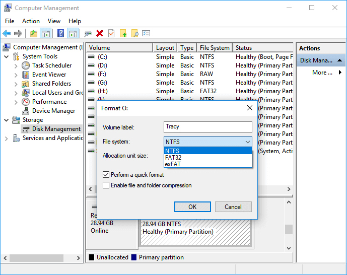 format the sd card to ntfs with the build in tool