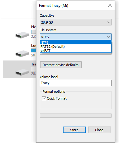 format USB to ntfs in file explorer