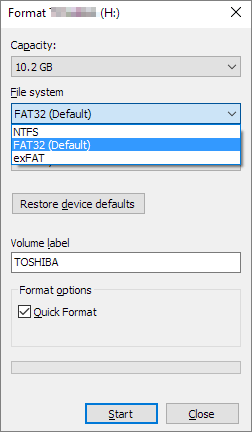 quick form fat32 windows 7