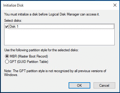 choose gpt or mbr to initialize the disk