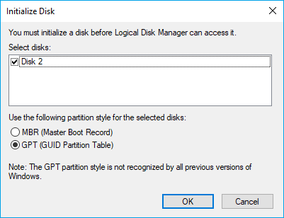 Initialize new disk as GPT