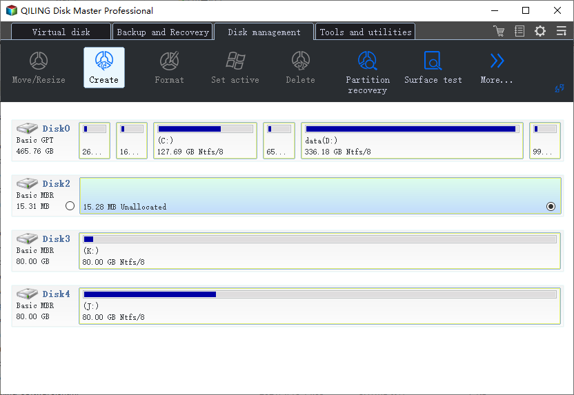 unallocated space in Qiling partition master