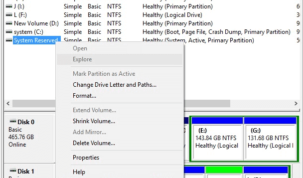 Unable to extend system reserved partition in Windows disk management.