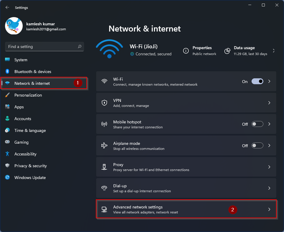 open advanced network settings