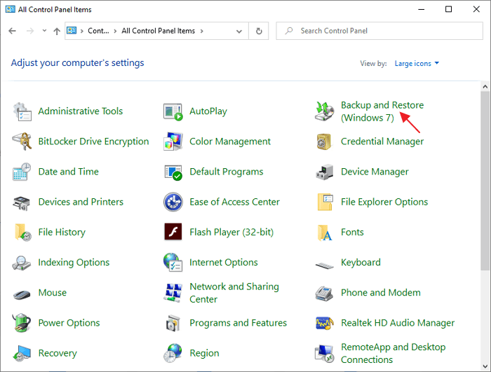 open backup and restore windows 7 via control panel