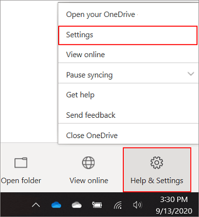 Open settings in OneDrive