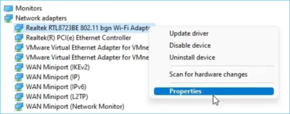 open properties of wifi drivers